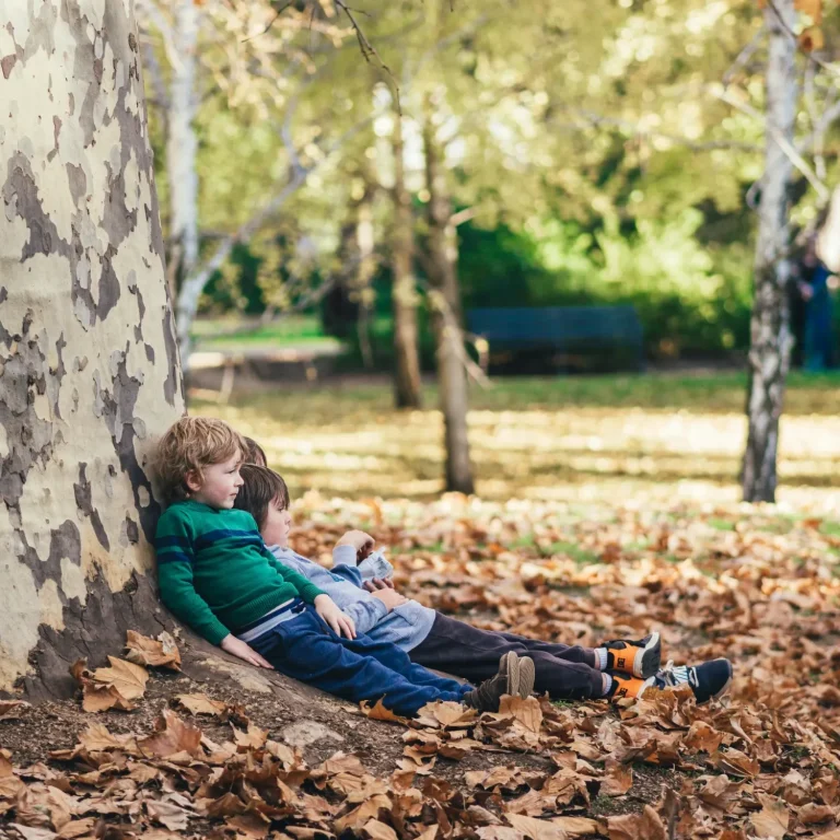 Zwei Jungen sitzen an einem Baum, umgeben von herabgefallenem Laub.