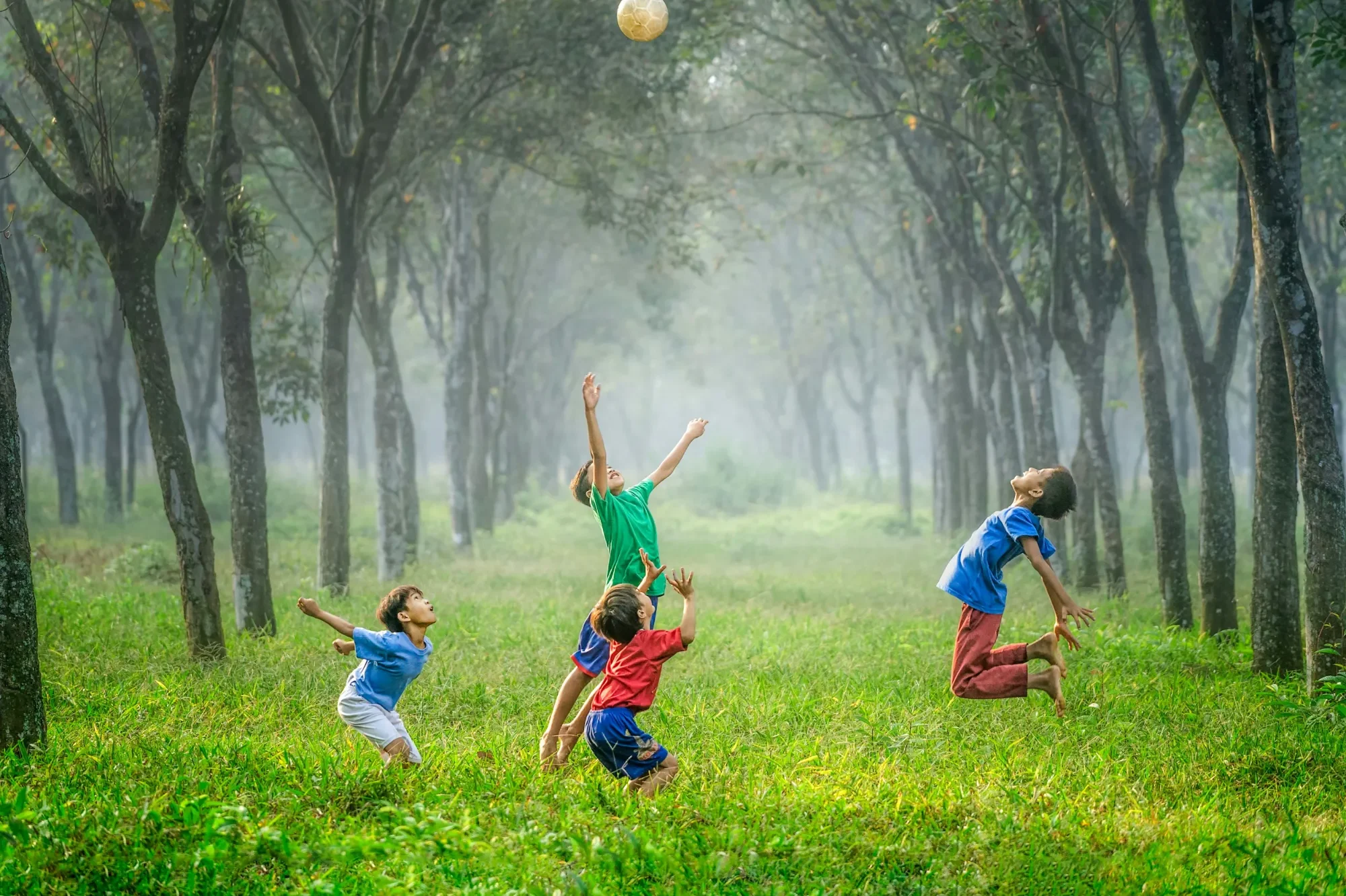 Vier Kinder spielen fröhlich mit einem Ball in einem bewaldeten Bereich.